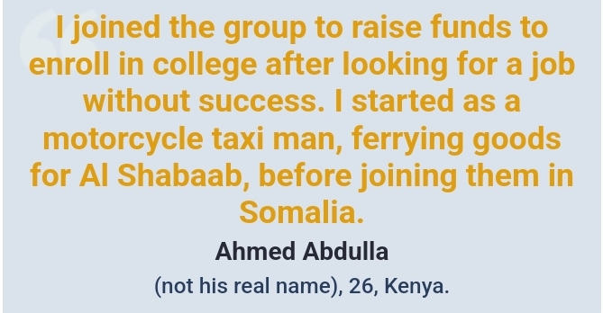 Quote from "Ahmed Abdulla," a 26-year-old from Kenya, about joining a group for college funds after job struggles, prior role as motorcycle taxi.