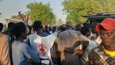 A group of people gathered around a Nigerian Red Cross worker outdoors, with trees and a vehicle in the background.