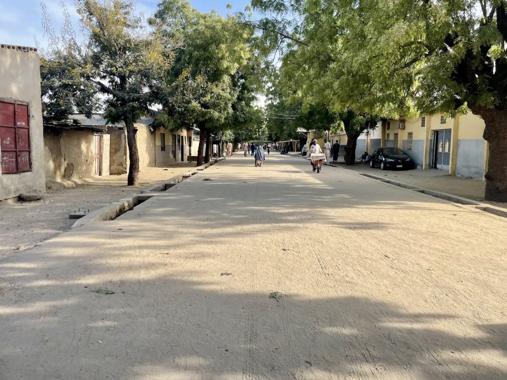 Street lined with trees and buildings, people walking and riding bicycles under a blue sky.