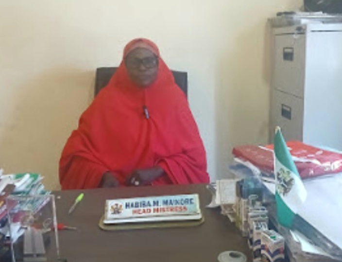 Person in red attire sits at a desk with a nameplate reading "Head Mistress," surrounded by files and a Nigerian flag.