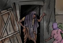 Illustration of a person entering a dark doorway with a cloth over their head, while another person stands outside, reaching towards them.