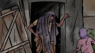 Illustration of a person entering a dark doorway with a cloth over their head, while another person stands outside, reaching towards them.