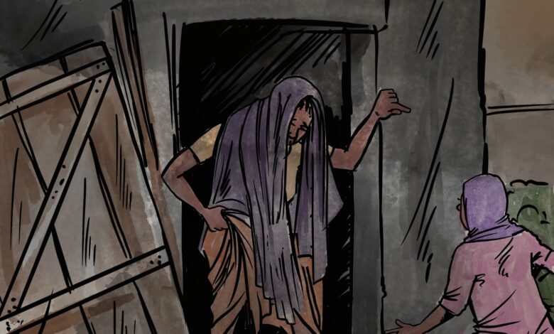 Illustration of a person entering a dark doorway with a cloth over their head, while another person stands outside, reaching towards them.