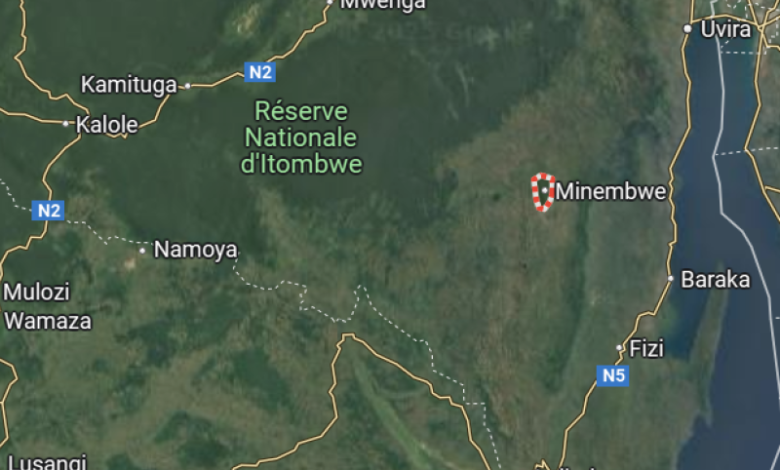 Map showing Réserve Nationale d'Itombwe in the Democratic Republic of the Congo, with Minembwe, Mwenga, and Fizi marked nearby.