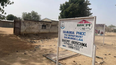 Sign for Damboa PHCC in Dacabra, Borno State, stands in a dusty area with trees and a building in the background.