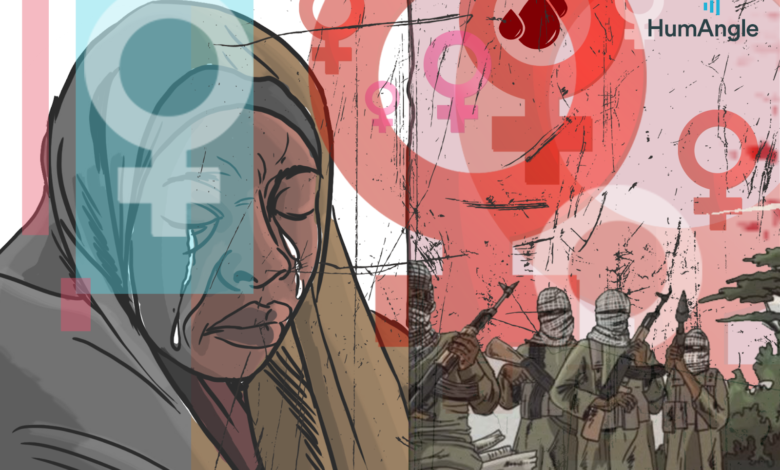 Illustration of a crying woman in a hijab with gender symbols, soldiers with guns in the background, and the HumAngle logo.