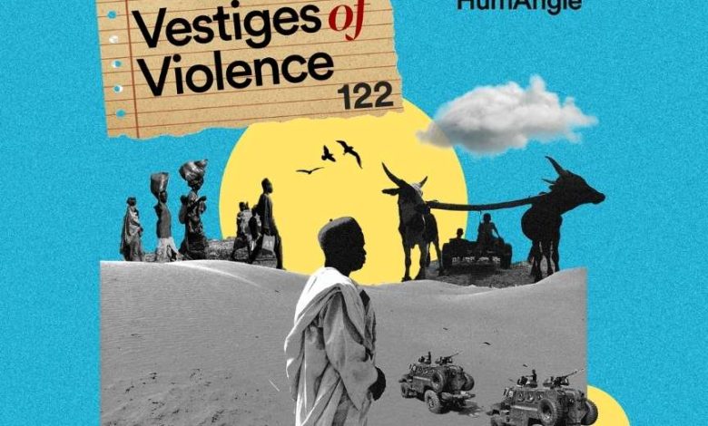 Collage featuring people in a desert, military vehicles, and livestock with text: "Vestiges of Violence 122" and "HumAngle" on a blue background.