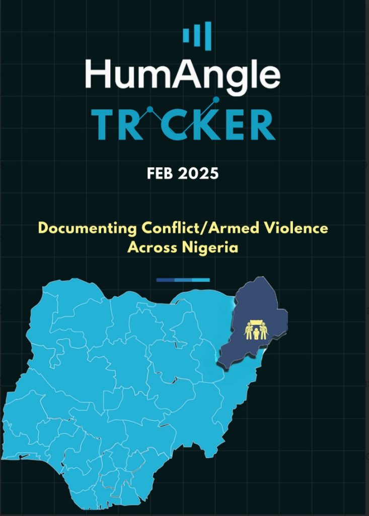 Map of Nigeria highlighting conflict areas. Text: "HumAngle Tracker, Feb 2025, Documenting Conflict/Armed Violence Across Nigeria."