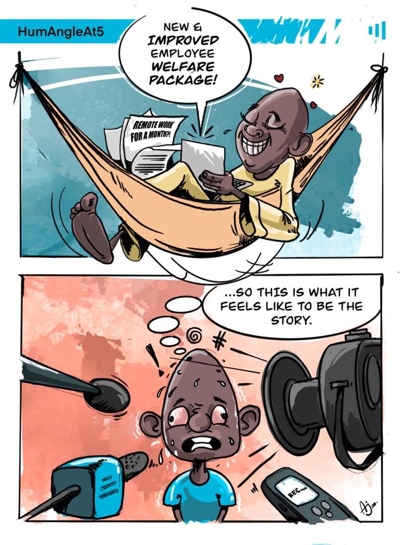 Comic split: Top panel, man relaxes in hammock with "Remote work for a month" package. Bottom panel, same man sweating with microphones and cameras.