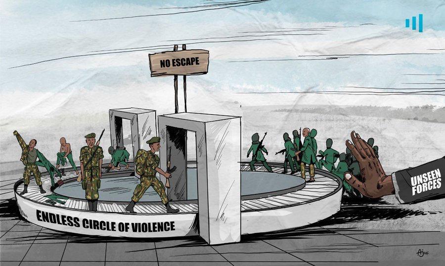 Soldiers on a rotating platform labeled "Endless Circle of Violence" under a "No Escape" sign, controlled by unseen forces.