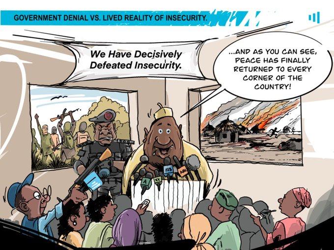 Cartoon of a politician declaring victory over insecurity, while chaos and destruction are visible around him.