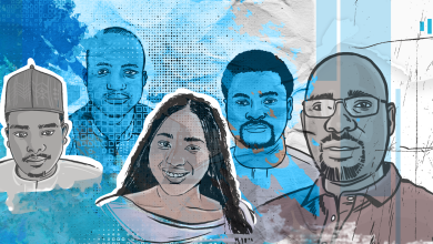 Illustration of five diverse people in a stylized digital artwork with blue accents and geometric patterns in the background.