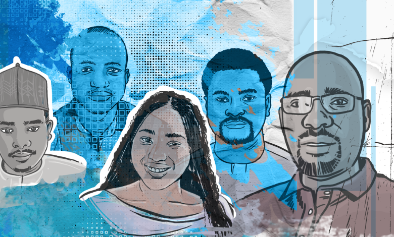 Illustration of five diverse people in a stylized digital artwork with blue accents and geometric patterns in the background.