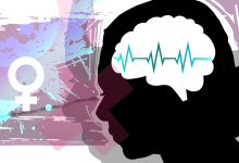 Silhouette of a woman's head with a brain and heartbeat line, female symbol, and abstract colorful background.