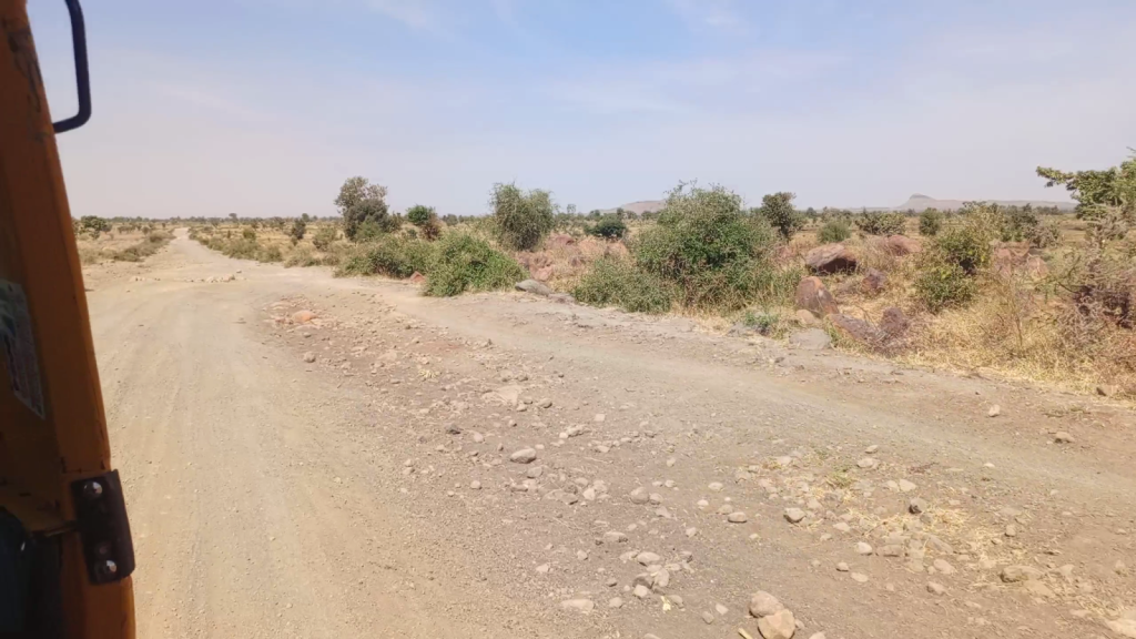 Dirt road surrounded by bushes and dry grass under a clear blue sky. A vehicle's door is partially visible on the left.