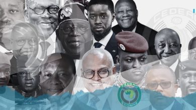 Collage of diverse leaders overlaid with ECOWAS logo and blue ocean waves.