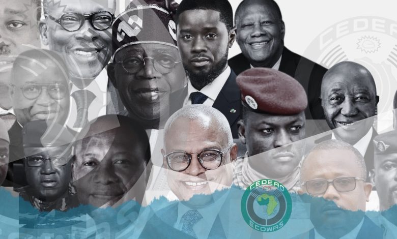 Collage of diverse leaders overlaid with ECOWAS logo and blue ocean waves.