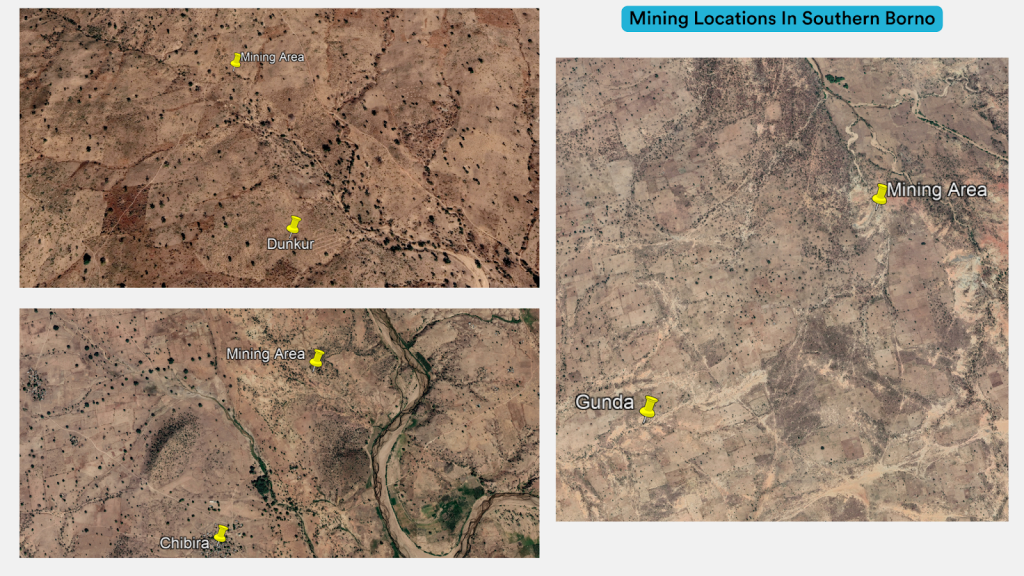 Satellite view showing mining areas in Southern Borno, marked near Dunkur, Chibira, and Gunda locations.