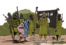 Illustration of armed individuals in green, one with a flag, surrounding a person in blue and pink clothing in a bent posture.