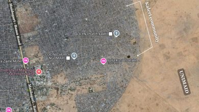 Satellite view of Maiduguri, Nigeria, showing main roads, churches, hospital, and surrounding areas including Kaleri Community and UNIMAID.