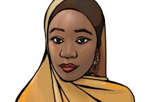 Illustration of a woman wearing a yellow hijab, with hoop earrings, against a plain white background.