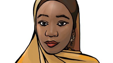 Illustration of a woman wearing a yellow hijab, with hoop earrings, against a plain white background.