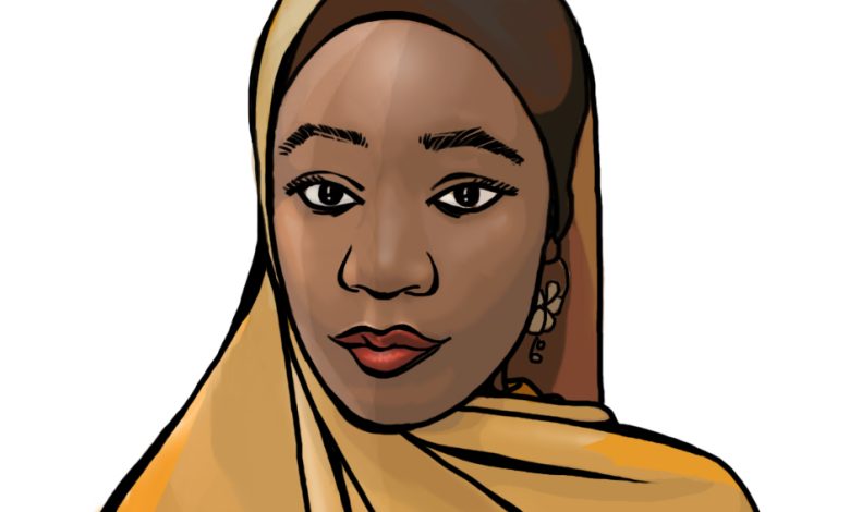 Illustration of a woman wearing a yellow hijab, with hoop earrings, against a plain white background.