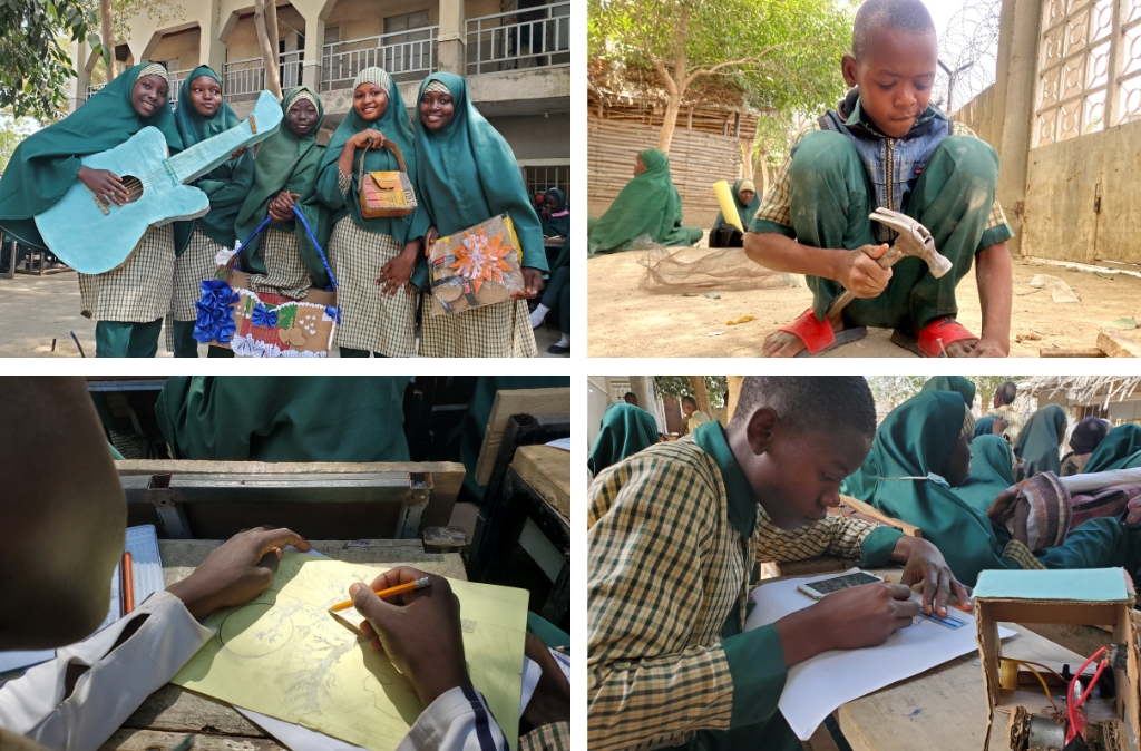 Students engage in creative activities: performing with crafted items, woodworking, drawing, and working on electronics at school.