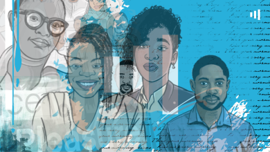 Illustrated portraits of diverse people with a blue background, artistic text overlay.