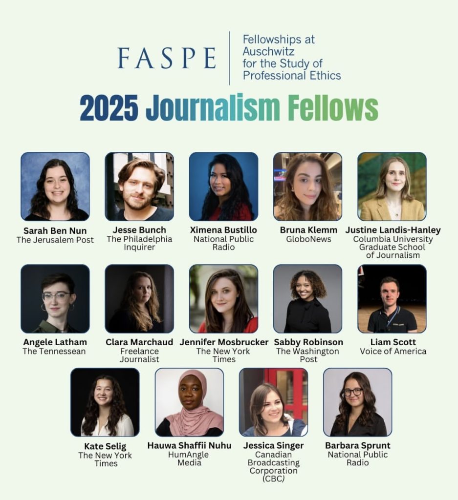 Grid of 14 FASPE Journalism Fellows for 2025 with their names and affiliations, under the title "2025 Journalism Fellows".