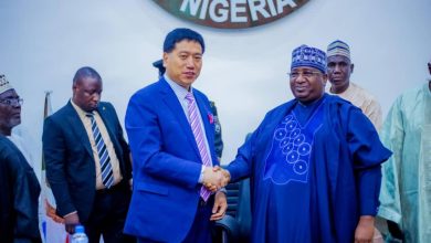 Two men in formal attire shake hands in front of a Nigerian emblem. Others are present in the background.