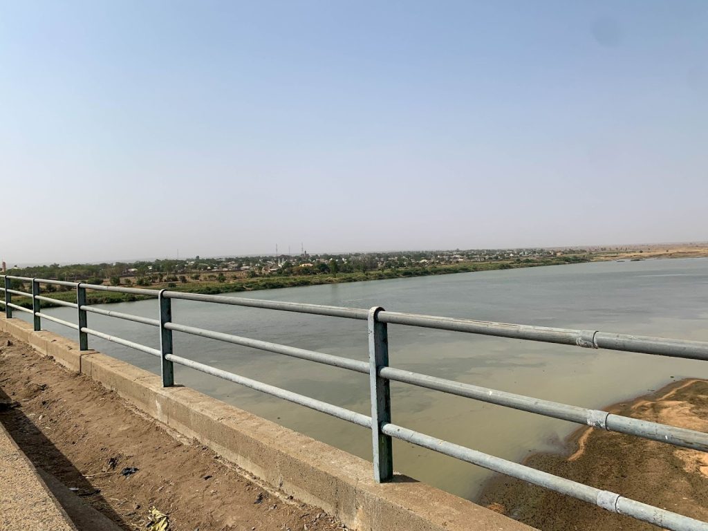 View of a wide river from a bridge with metal railings, distant town and greenery visible under a clear blue sky.