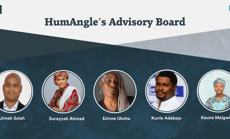 Image of HumAngle's Advisory Board members with photos and names: Jimeh Saleh, Surayyah Ahmad, Ezinne Ukoha, Kunle Adebajo, Kauna Malgwi.