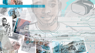 A collage of sketches featuring people, newspapers, and digital elements like VR and circuits, creating a tech and media-themed artwork.