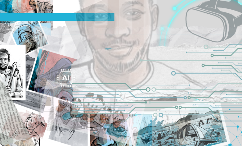 A collage of sketches featuring people, newspapers, and digital elements like VR and circuits, creating a tech and media-themed artwork.