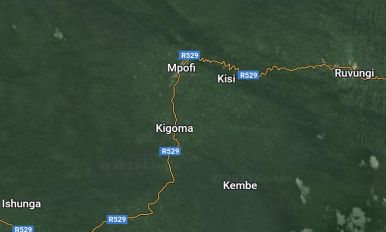 Map showing Route R529 passing through towns like Mpofi, Kigoma, and Ruvungi, surrounded by green terrain.