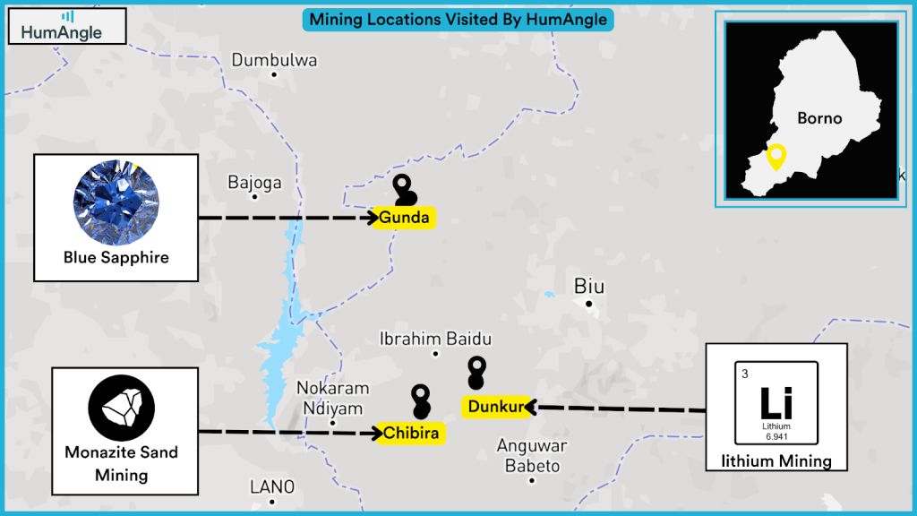 Map showing mining locations in Borno, Nigeria for blue sapphire, monazite sand, and lithium, visited by HumAngle.