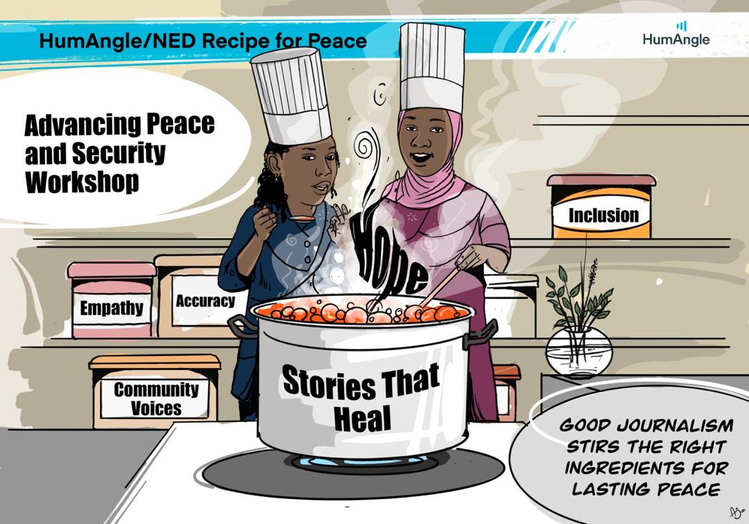 Two chefs stir a pot labeled "Stories That Heal," with ingredients like empathy and inclusion, symbolizing peace journalism.