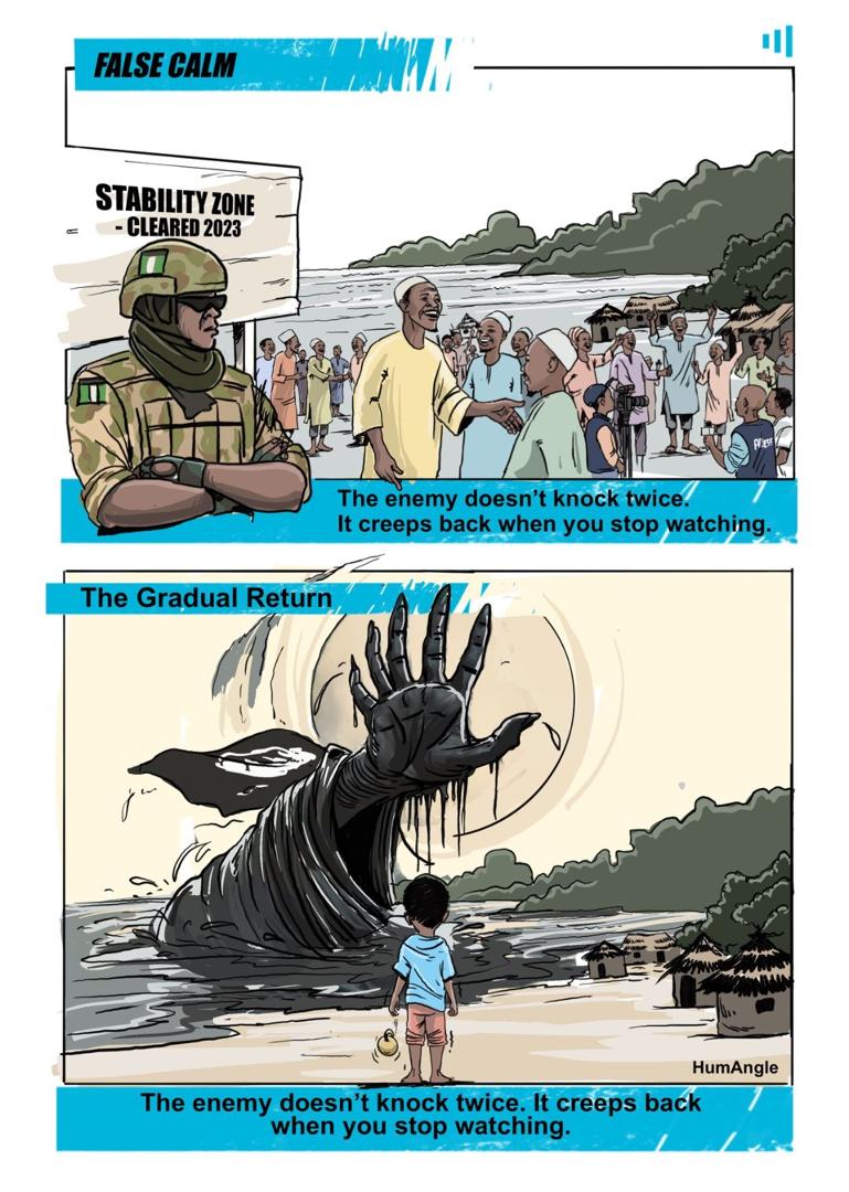 Comic with soldier and villagers in "Stability Zone - Cleared 2023." Below, a child faces a dark, rising hand from the water.