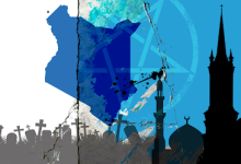 Silhouettes of graves and mosques with a cracked map in the center, overlaid with a blue compass.