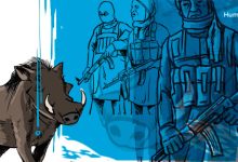 Illustration of armed figures in vests with a warthog in the foreground, under a blue and red abstract background.