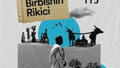 Collage with silhouettes of people, oxen, and vehicles on dunes; text "Birbishin Rikici," "Episode 115," and "HumAngle."