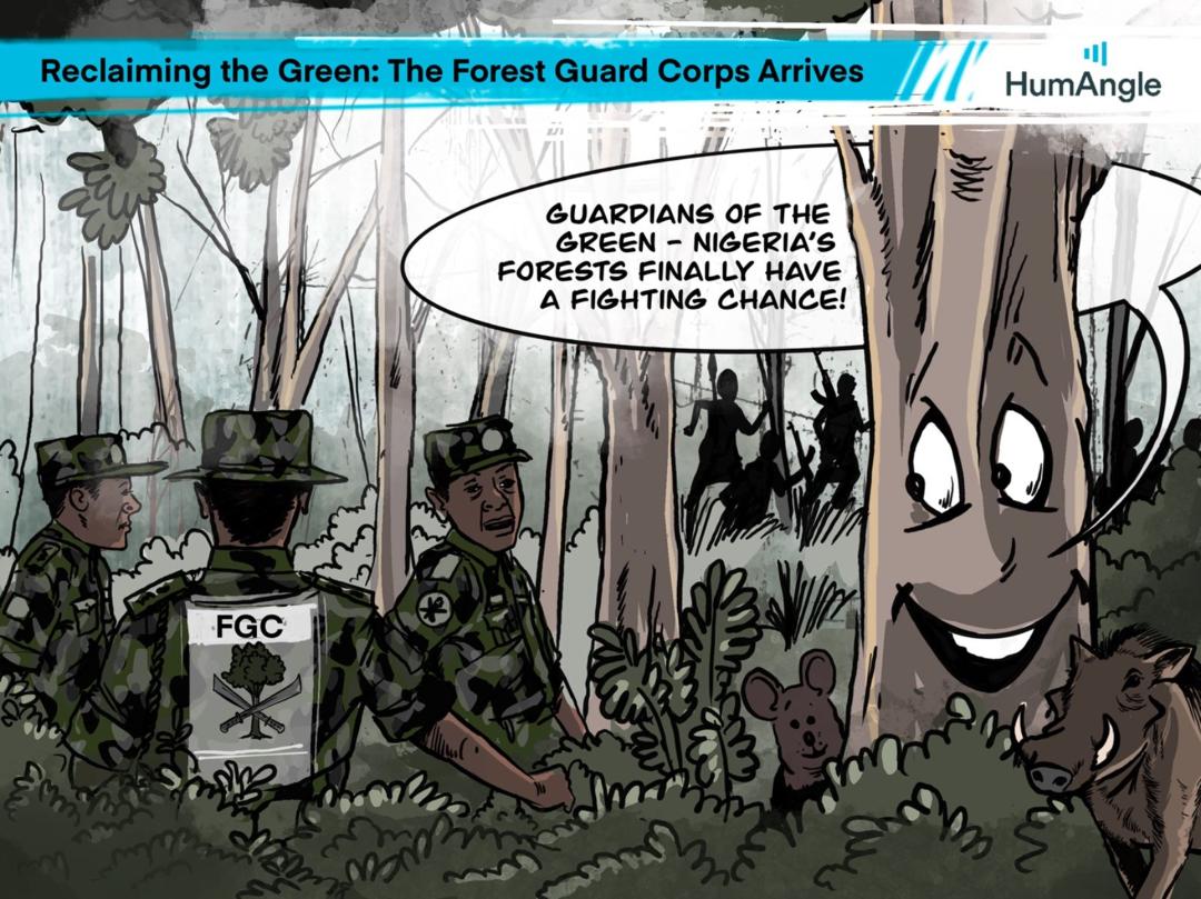 Comic shows Nigerian Forest Guard Corps in a forest, with a talking tree and animals. Text: "Guardians of the Green – a fighting chance!"