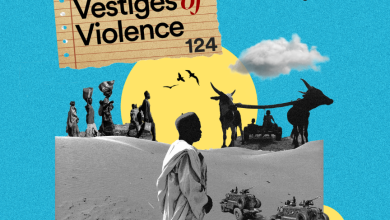 Collage with people and vehicles in a desert setting. Text reads "Vestiges of Violence 124" and "HumAngle," with podcast icons below.
