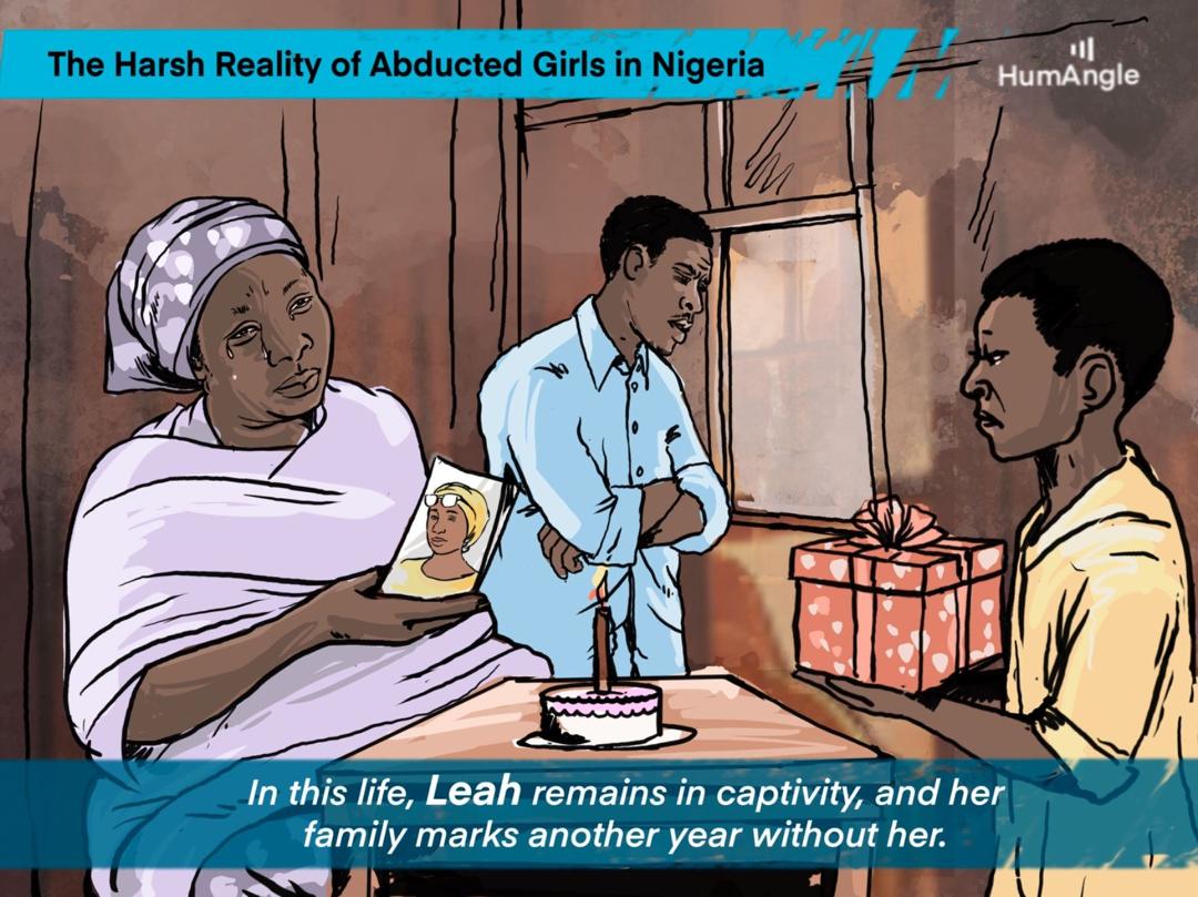 A family in Nigeria solemnly marks a birthday with a cake and gifts, highlighting the harsh reality of abducted girls.
