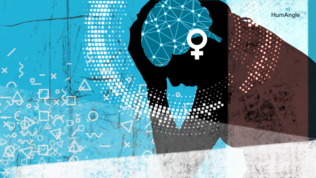 Silhouette of a person holding their head, featuring a brain with a female symbol. Background of blue with abstract patterns.