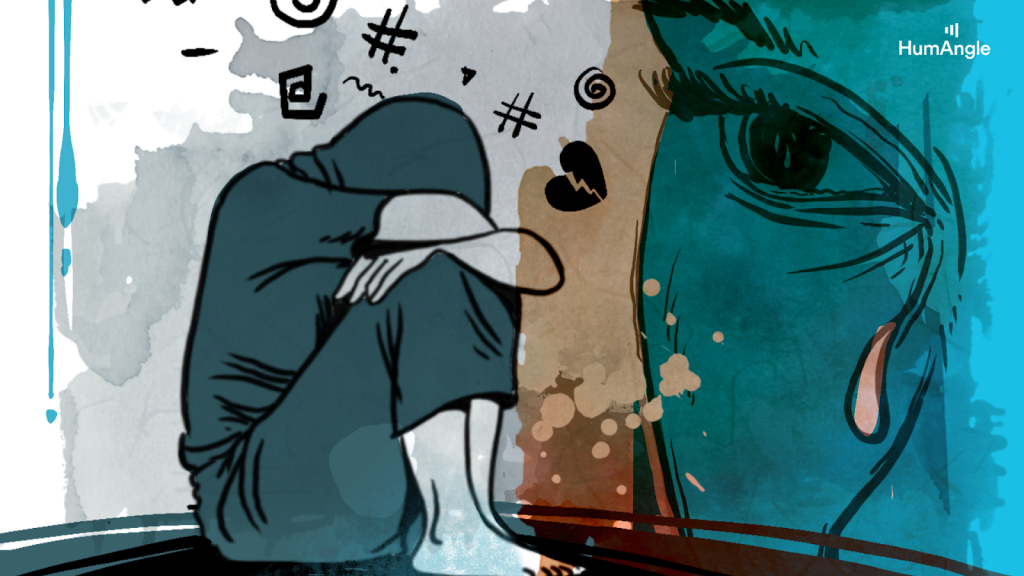 Illustration of a person curled up, surrounded by chaotic symbols, with a large eye tearing up on a split-color background.