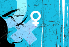 Silhouette of a woman's face on a textured blue background with a female gender symbol.