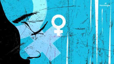 Silhouette of a woman's face on a textured blue background with a female gender symbol.