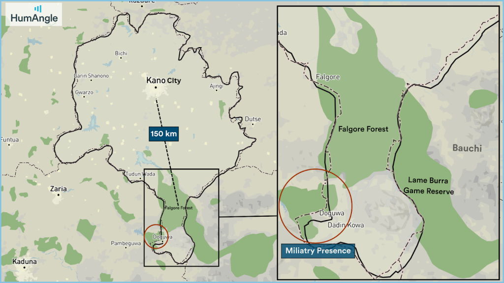 Map of Kano region showing Kano City, Falogore Forest, Doguwa, and military presence, with a focus on distance from Kano.